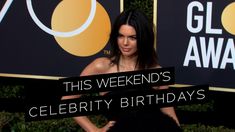 a woman standing in front of a sign that says this weekend's celebrity birthdays