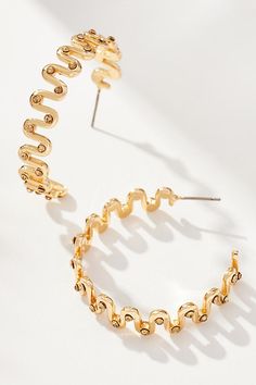 Plated brass, glass Post styling Imported | Squiggle Hoop Earrings by Anthropologie in Gold, Women's, Plated Brass/Glass Brass Glass, Accessories Jewelry Earrings, Women Accessories Jewelry, Women's Accessories, Jewelry Accessories, Anthropologie, Jewelry Earrings, Hoop Earrings, Plating