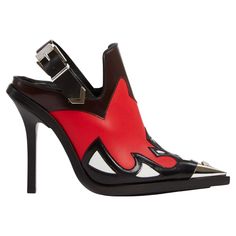 Versace FW19 Runway Black & Red Leather V-western Slingback Boot / Pump These Versace heels embrace a chic western vibe. Called the V-Western sling back pumps, it is enriched with western-style stitching and palladium-tone toe accent embellished with a Medusa head. It has a sling back design with an adjustable buckle and leather soles with rubber insets. Brand new. Made in Italy. Size: 40 (IT) Western Leather Mules With Pointed Toe, Western Style Leather Mules With Pointed Toe, Western Style Pointed Toe Summer Heels, Summer Western Pointed Toe Heels, Western Style Leather Heels With Pointed Toe, Leather Mules With Red Sole And Pointed Toe, Leather Pointed Toe Mules With Red Sole, Western High Heel Formal Heels, Western Style High Heel Formal Heels