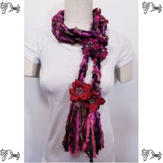 Crocheted Recycled Sari Silk Scarf Silk Flower Stone Bead Lariat Fringe Women Magenta, Black, Brown, Gray, Burgundy Approximately 60 Inches Can Be Worn Long Or Lariat Beautifully Handcrafted Original Design To Make A Statement With Any Wardrobe. Special Order Any Color Combination. Please Send Message With Color Request. Alexander Mcqueen Skull Scarf, Artsy Accessories, Sparkly Scarf, Bleached Flannel Shirt, Hermes Twilly Scarf, Michael Kors Scarf, Silk Handkerchief, Twilly Scarf, Recycled Sari Silk