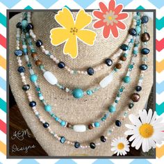 Lovely Double Strand Necklace Utilizes Gemstones Known To Evoke Energies For: Love & Peaceful Relationship-White Jade Wisdom & Courage-Jasper Deep Peaceful Meditation -Snow/Himalayan Quartz &Turquoise Magnesite Protection And Communication-Turquoise Gemstones Accented W/Clear, Smokey & Teal Swarovski Crystals & Finished W/Pewter Toggle Clasp. Shorter Strand 15 3/4" Longer Strand Is 19 1/4". Stones 3-12 Mm. Layering Pearl & Beige Necklace W/Swarovski Crystals Has Magnetic Clasp. Elegant Blue Beaded Necklaces With Gemstone Accents, Elegant Blue Beaded Necklace With Gemstone Accents, Blue Gemstone Multi-strand Necklaces, Blue Multi-strand Gemstone Necklaces, Blue Multi-strand Gemstone Beaded Necklace, Blue Beaded Necklaces With Gemstone Accents For Gift, Blue Bohemian Necklace With Gemstone Accents, Blue Double Strand Natural Stones Jewelry, Bohemian Blue Jewelry With Gemstone Accents