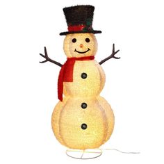 a lighted snowman with a top hat and scarf on it's head, standing in front of a white background