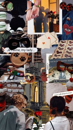 collage of images with people and objects in them, including an image of a clock tower