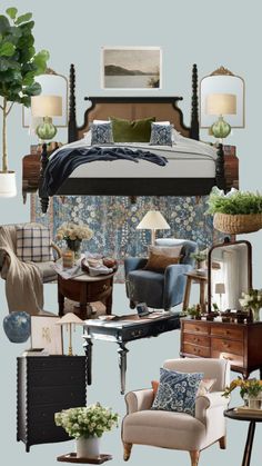 a collage of furniture and decor in shades of blue, green, beige and white