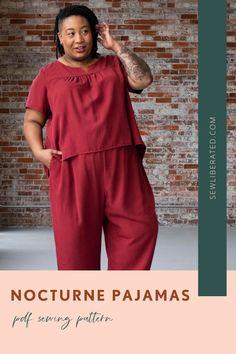 a woman standing in front of a brick wall with the words nocture pajamas on it