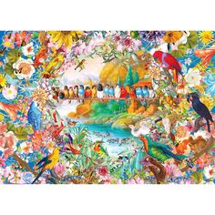 a colorful painting with birds and flowers on the bottom, in front of a body of water