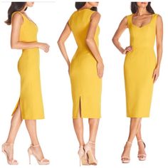 New Dress Brand: Dress The Population Style: Elle Sheath Size: Medium Color: Marigold Material: 97% Polyester 3% Spandex Queen Anne Neckline Sleeveless Lined Sheath Skirt Back Vent Hidden Back Zipper * Only Tag Is The Do Not Remove For Return- See Pic Yellow Sheath Midi Dress For Work, Gold V-neck Dress For Work, Elegant Fitted Mustard Midi Dress, Gold Midi Dress For Workwear, Elegant Yellow Sheath Midi Dress, Midnight Blue Dress, Queen Anne Neckline, Mermaid Midi Dress, Marilyn Dress