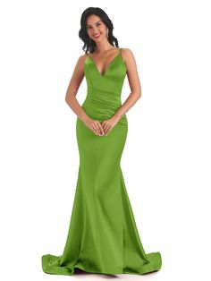 moss|urania Satin V-neck Evening Dress For Gala, Satin V-neck Gown With Sweep Train, V-neck Mermaid Dress With Sweep Train And Fitted Bodice, Green Satin Bridesmaid Dress For Prom Season, Green Satin Bridesmaid Dress For Prom, Elegant V-neck Bridesmaid Mermaid Dress, Satin V-neck Evening Dress With Sweep Train, Fitted Satin V-neck Bridesmaid Dress, Prom Satin V-neck Dress With Bias Cut