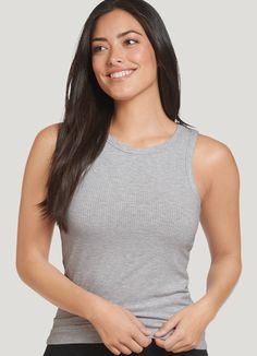 For yoga, summer days, or just hanging around the house, the Jockey® High Neck Rib Knit Tank is the tank you'll always reach for. Silky-soft fabric with a bit of stretch offers a flattering fit that feels great, right down to the tag-free neckline. With a length that's just right, pair this easy tank with everything from leggings to jeans for a casual look that just works. | Jockey® High Neck Rib Knit Tank in Light Grey Heather Ribbed Tops For Yoga And Summer, Ribbed Yoga Tops For Summer, Ribbed Tops For Yoga In Summer, Athleisure Crew Neck Tank Top For Loungewear, Summer Yoga Ribbed Tank Top, Comfortable Everyday Summer Tank Top, Solid Racerback Tank Top For Loungewear, Casual Ribbed Tank Activewear, Comfortable Ribbed Fitted Tops