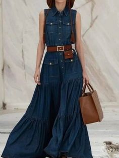 Dark blue jeans short sleeves midi dress - Wapas Vestiti In Jeans, Slinky Dress, Denim Short Dresses, Denim Maxi Dress, Mode Jeans, Maxi Tank Dress, Midi Short Sleeve Dress, Types Of Dresses, Mode Inspiration