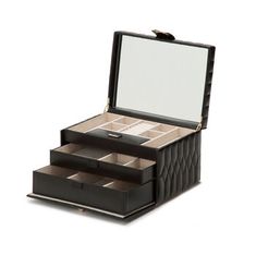 an open black leather jewelry box with compartments