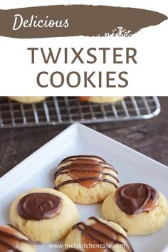 cookies with chocolate drizzled on them and the words delicious twixter cookies