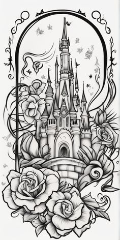 a drawing of a castle with roses in the foreground and an ornate frame around it