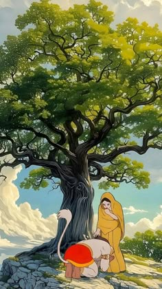 a painting of two people sitting under a tree in the middle of a field with an elephant