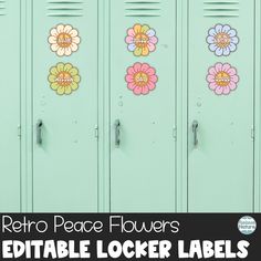 three lockers with flower stickers on them and the words, retro peace flowers