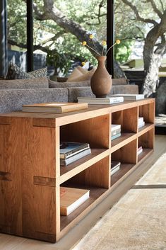 Texas Modern Interior, Living Room., Low Long Bookshelf, Low Corner Bookshelf, Low Bookcase Behind Sofa, Shelfs For Living Room Ideas, Interior Shelf Design, Long Low Bookcase Diy, Long Low Bookshelf