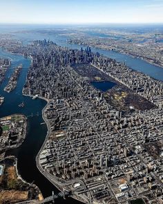 an aerial view of new york city and the hudson river, as seen from above