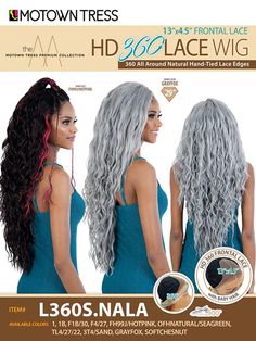 13x4.5 Frontal L360S.NALA Lace Wig. Heat resistant fiber. Colors shown are FH99J/HOTPINK, GRAYFOX. 29" wavy style lace wig. Item comes in average size and adjustable straps. Manufactured by Motown Tress. 360 Frontal, Wavy Style, 360 Lace Wig, Lace Wig, Lace Edging, Baby Hairstyles, Color Show, Lace Wigs, Heat Resistant