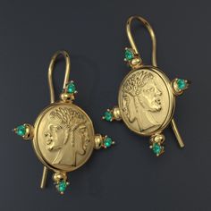 Transport yourself to the captivating era of ancient Rome with our stunning 18k Janus Coin Gold Earrings, meticulously handcrafted in Italy by Oltremare Gioielli. These exquisite earrings pay homage to the grandeur of Roman aesthetics, featuring a flawless blend of historical charm and contemporary elegance. Dazzle onlookers with the mesmerizing allure of natural emeralds, adorning these earrings with a lush green hue that echoes the opulence treasured by Roman elites. The emeralds, handpicked f Historical Yellow Gold Drop Earrings, Yellow Gold Historical Drop Earrings, Yellow Gold Drop Earrings With Historical Design, Yellow Gold Earrings With Historical Design As Gift, Elegant Yellow Gold Earrings With Historical Design, Ceremonial 14k Gold Jewelry With Historical Design, Luxury Round Earrings For Ceremonial Occasions, Green Byzantine Style Round Jewelry, Collectible Ancient Style Yellow Gold Jewelry