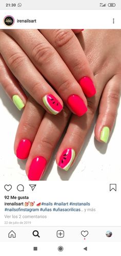 Nails Watermelon Design, Fruit Pedicure Ideas, Watermelon Short Nails, Watermelon Gel Nails, Watermelon Nail Color, Nail Watermelon, Summer Nails Watermelon, Uñas Summer, Nails Watermelon