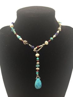 Turquoise, Ruby, Apatite, Sapphire and Pearl Lariat, with Swarovski Crystal, sterling silver and 24KT gold micro beads. 17.5 inches long Sapphire And Pearl, Washer Jewelry, Pearl Lariat, Micro Beads, Diy Collier, Portland Me, Diy Wire Jewelry, Wire Work Jewelry, 24kt Gold