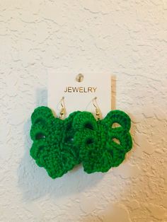 Cute crochet leaf earrings. The perfect gift for any plant lover! Handmade Leaf-shaped Earrings, Green Crochet Jewelry, Trendy Macrame Jewelry As Gift, Trendy Macrame Jewelry For Gifts, Green Macrame Earrings As A Gift, Green Macrame Earrings For Gift, Trendy Handmade Leaf-shaped Earrings, Handmade Leaf-shaped Everyday Jewelry, Handmade Everyday Leaf-shaped Jewelry