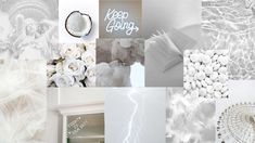 a collage of white images with words written in them and pictures on the wall