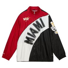 A lightweight, 100% polyester jacket designed in the HEAT’s Classic look, featuring elastic cuffs and waistband, side pockets and several Wade-inspired touches: Career accolades collage on left sleeve “WADE” wordmark and signature on upper right chest “3” zipper | Court Culture X Mitchell And Ness Wade Hof Warm-Up Jacket, Size: Large | Miami HEAT Retro Jacket, Polyester Jacket, Miami Heat, Mitchell & Ness, Jacket Design, Classic Looks, The Heat, Miami, Career