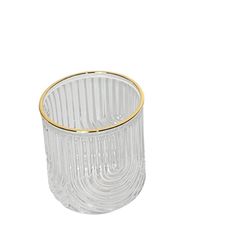 a clear glass vase with gold trimmings on the rim and bottom, sitting in front of a white background