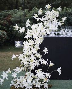 white flowers are in a vase on the grass near an outdoor table with wine glasses