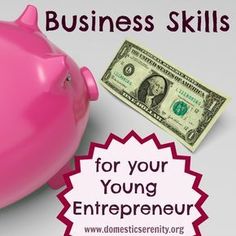 a pink piggy bank with the words business skills for your young entrepreneur on it