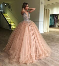 SGD156 Ball Gown Sweet 16 Prom Dress,VNeck Evening Dress,Quinceanera Champagne Ball Gown, Champagne Quinceanera Dresses, Champagne Prom Dress, Pink Ball Gown, Tulle Balls, V Neck Prom Dresses, Beaded Tulle, Tulle Ball Gown, فستان سهرة