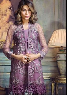 Asian Fancy Gown Style Dress Thread Embroidery Crystal Sequence & Cut Work. Consult About Latest Dress & Fashion. Free Shipping at Nameerabyfarooq.com Long Net Shrug Design, Net Shrug Design, Long Shrug Design, Shrug Kurti, Net Shrug, Shrug Design, Pakistani Gown, Gown Style Dress, Net Jacket