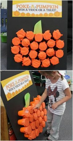 two pictures of pumpkins made out of plastic bottles