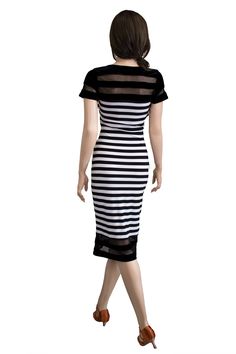 Black & White Stripes High neckline Velvet/Sheer striped top/bottom Pencil dress Elegant Summer Dress With Striped Hem, Fitted Midi Dress With Vertical Stripes For Summer, Elegant Knee-length Dress With Vertical Stripes, Striped Midi Dress For Party, Striped Midi Dress For Evening, Chic Fitted Dress With Contrast Stripes, Chic Fitted Dresses With Striped Hem, Chic Spring Dresses With Contrast Stripes, Striped Midi Party Dress