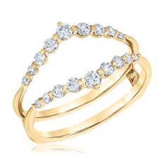 a yellow gold ring set with three rows of diamonds on the side and an open band