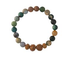 Indian Agate and Rudraskha 23 beads 6mm stones 7 inches long made of highly resistant elasticDesigned in CaliforniaHandmade in Bali Rudraksha Bracelet, Bracelet Indian, Indian Agate, Crystal Beads Bracelet, Beaded Bracelet, Crystal Beads, Bali, Agate, Beaded Bracelets