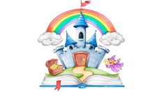 an open book with a castle on top and rainbow in the sky above it, surrounded by clouds