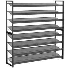 a metal shelf with six shelves on each side and two rows of shelves below it