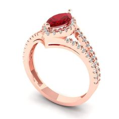 a rose gold ring with an oval shaped red stone surrounded by small white diamond accents