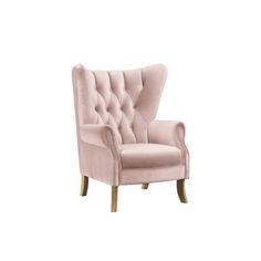 an upholstered pink chair with wooden legs and tufted back, on a white background