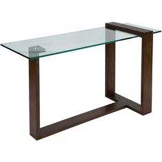 a glass and wood console table with a single shelf on one side, against a white background