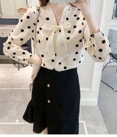 Lace Bow Polka Dot Pattern V-Neck Blouse Shirt – Nada Outfit Land Polka Dot Long Sleeve Blouse For Work, Polka Dot Blouse For Office In Fall, Polka Dot Long Sleeve Tops For Workwear, Spring Polka Dot Blouse With Collar, Polka Dot Long Sleeve Shirt For Workwear, Spring Polka Dot Shirt For Work, Polka Dot Long Sleeve Shirt For Spring, Casual Blouse Shirts, Coachella Valley