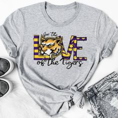 Purple & Yellow Lsu Tigers Colors Heather Grey T-Shirt Adult Anna Costume, School Spirit Shirts Designs, Tiger Tshirt, Honey Shirt, Oversized Tee Shirt, School Spirit Shirts, Mickey Mouse Shirts, Leopard Print Shirt, Spirit Shirts