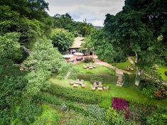 an aerial view of a lush green garden with lawn chairs and trees in the background