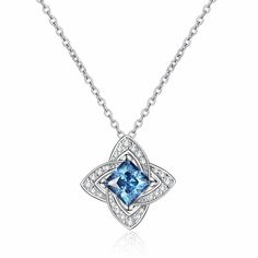 a blue and white diamond pendant on a chain