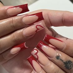 Acrylic Nails With Love Heart, Feature Nail Designs, Nails Design With Hearts, Love Heart Nail Designs, Nail Ideas Red Design, Nails Pattern Ideas, Valentine S Day Nail, Bold Nail Ideas, Nails With Red Details