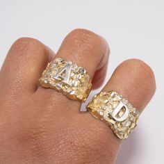 Nugget Design Initial Letter Ring Solid 10K Yellow White Gold All Sizes * Metal : Real 10K Gold (Properly Stamped, 10K) * Condition : Brand New * Finish : Polished * Average Weight : Size 10: 4.28 grams * Length : 15.5mm = 5/8" * Width : 15.5mm = 5/8" * Clasp/Bail : Can be resized down or up at your local jeweler. **The weight will change depending on the letter and the size you choose. All of our items are brand new and are shipped with a gift box. Gold Initial Ring With Diamond Cut In 14k, Gold Diamond Cut Initial Ring In 14k Gold, Gold Ring With Hallmarks, Gold Rings For Birthday - Fine Jewelry, Fine Jewelry Gold Rings For Birthday, Gold Fine Jewelry Rings For Birthday, Gold Engraved Ring For Birthday, Gold Engraved Rings For Birthdays, Gold Rings Women