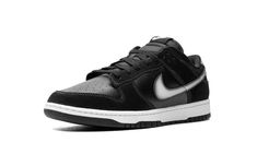 The Nike Dunk Low “Airbrush - Black/White” is a unique colorway of the retro basketball and lifestyle shoe with airbrush-style Swooshes.  Both versatile and easy to wear, the Dunk Low in “Airbrush - Black/White” features a black leather base with tonal suede overlay panels.  A graffiti-inspired airbrush-like coloration appears in white on each side Swoosh and heel tab.  “Nike” branding is embroidered on the heel and printed on the tongue tag.  A white rubber midsole and black outsole complete th Airbrush Shoes, Black Nike Dunks, All Black Nikes, Nike Branding, Retro Basketball, Nike Brand, Cute Sneakers, Stadium Goods, Black Nike