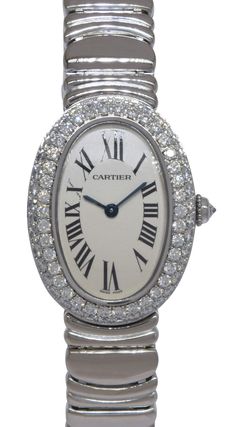 Contact us Have a question? Contact us. Free Shipping Complimentary next day delivery fully insured shipping. BUYER PROTECTION Security guaranteed with eBay buyer protection. Cartier Baignoire 18k White Gold Diamond Bezel Ladies Quartz Watch WB5097L2 1955 Excellent preowned ladies Cartier Baignoire in 18k white gold features silver dial with Roman numerals. Oval case with factory double row diamond bezel. Quartz movement. Comes on Cartier 18k white gold bracelet with butterfly deployant buckle. Fits up to 7 inch wrist. We are a family owned brick and mortar Jewelry Store specializing in fine new and pre-owned jewelry and watches. Each of our pre-owned watches is fully checked, serviced, and detailed. All items guaranteed authentic. Specs Brand Cartier Model Baignoire Reference 1955 (WB5097 Cartier Diamond Watch White Gold 17 Jewels, Cartier Yellow Gold Diamond Watch For Evening, Cartier Diamond Watch For Wedding With Polished Finish, Timeless Cartier Diamond Watch For Evening, Cartier Polished Finish Watches For Wedding, Cartier Timeless Diamond Evening Watch, Timeless Cartier Diamond Evening Watch, Cartier Watch With Polished Finish For Wedding, Elegant Cartier Watch With Brilliant Cut